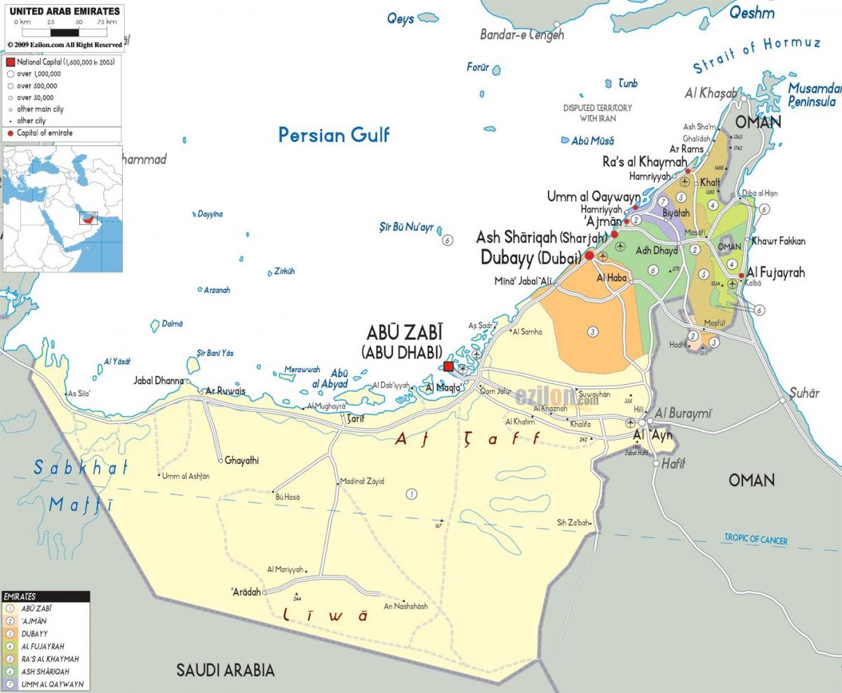 карта уједињених арапских ЕМИРАТА Дубаију